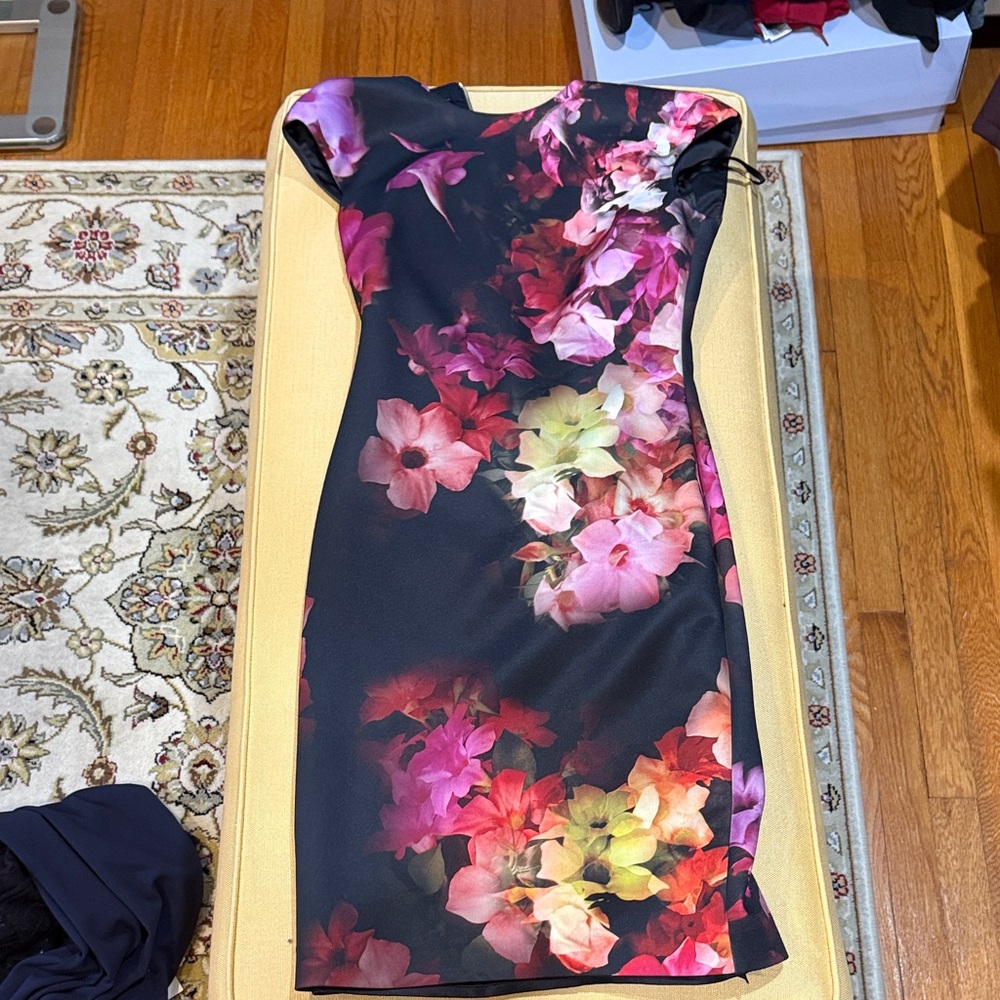 Ted Baker Black Midi Dress with Vibrant Floral Print